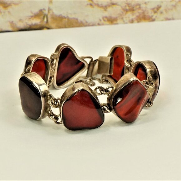 Rare To Find Cherry Amber Link BRACELET in 925 Silver, Heavy Jewelry, OOAK Gift - Picture 1 of 16